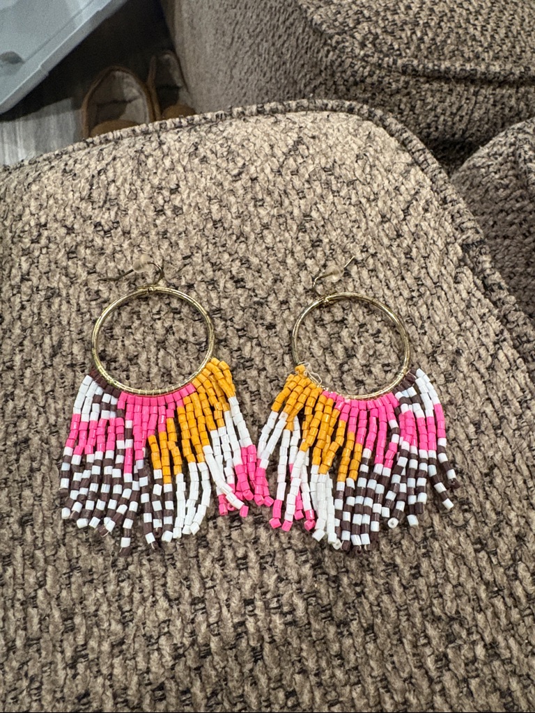 2 Pair Handmade Beaded Fringe Hoop Earrings & Bunnies